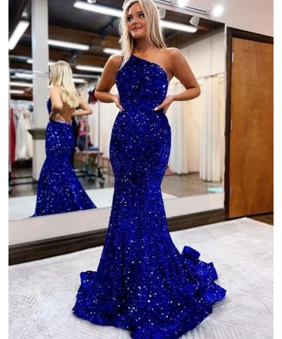 Womem's Sequin Mermaid Prom Dresses Long 2024 One Shoulder Sparkly Sexy Formal Evening Party Gowns Light Blue $36.39 Dresses