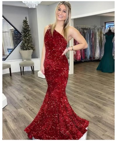 Womem's Sequin Mermaid Prom Dresses Long 2024 One Shoulder Sparkly Sexy Formal Evening Party Gowns Light Blue $36.39 Dresses