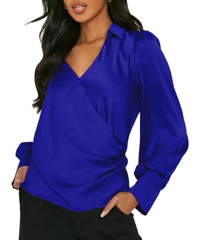 Women's Satin Collar Wrap V Neck Ruch Long Sleeve Elegant Blouse Tops Solid Royal Blue $16.32 Blouses