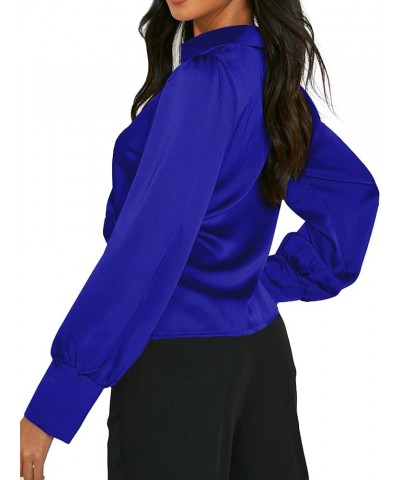 Women's Satin Collar Wrap V Neck Ruch Long Sleeve Elegant Blouse Tops Solid Royal Blue $16.32 Blouses