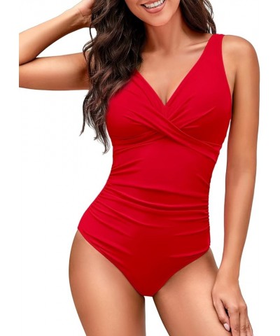 Women's One Piece Swimsuit Tummy Control Slimming Push Up Bathing Suits Wrap V Neck Modest Swimwear Red $17.81 Swimsuits