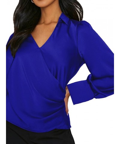 Women's Satin Collar Wrap V Neck Ruch Long Sleeve Elegant Blouse Tops Solid Royal Blue $16.32 Blouses