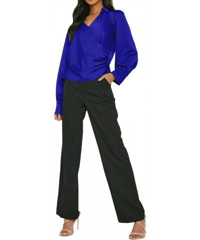 Women's Satin Collar Wrap V Neck Ruch Long Sleeve Elegant Blouse Tops Solid Royal Blue $16.32 Blouses