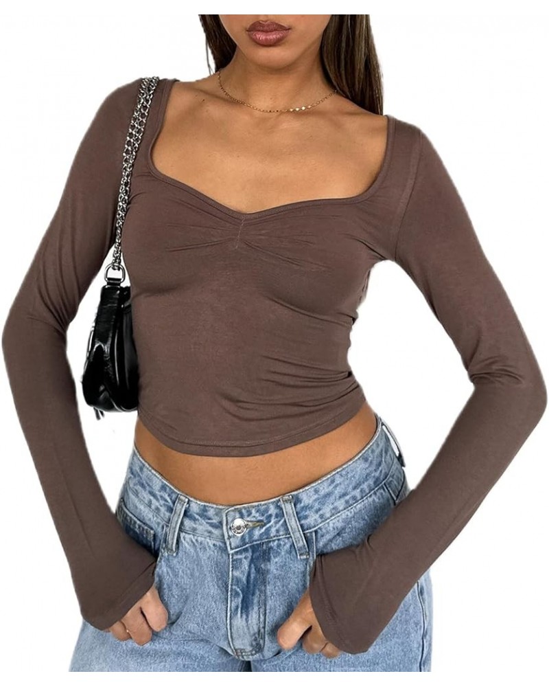 Women Sweetheart Neck Long Sleeve Crop Tops Y2k Going Out Slim Fit Shirt Top Slit Pleated Bustier Cropped Fall T-Shirt Solid ...