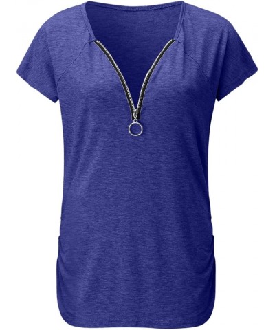 Ladies Solid Color Casual V-Neck Short Sleeve Top Z1-blue $6.88 T-Shirts