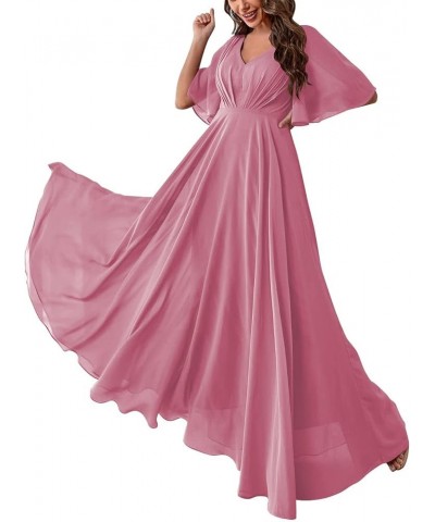 Women Slit Bridesmaid Dresses Batwing Sleeves V Neck Long Chiffon Formal Party Evening Dress with Pocket ABC093 Mauve $30.15 ...