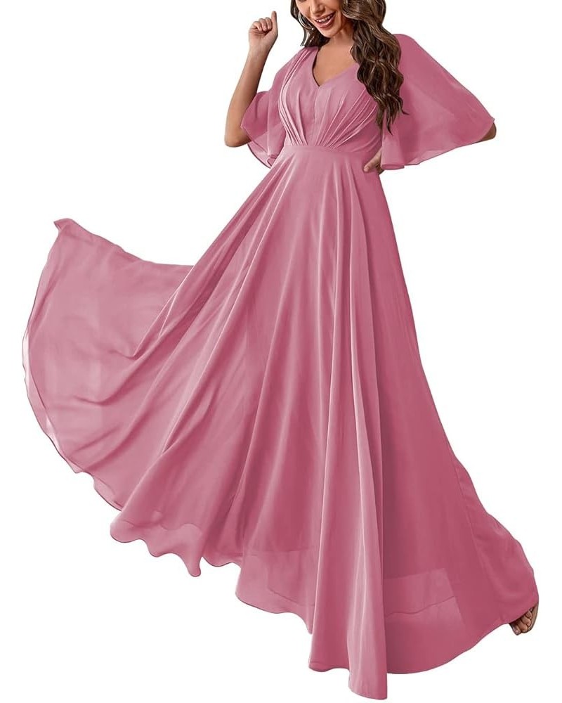 Women Slit Bridesmaid Dresses Batwing Sleeves V Neck Long Chiffon Formal Party Evening Dress with Pocket ABC093 Mauve $30.15 ...