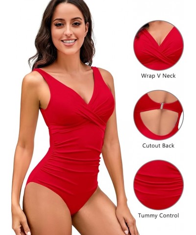 Women's One Piece Swimsuit Tummy Control Slimming Push Up Bathing Suits Wrap V Neck Modest Swimwear Red $17.81 Swimsuits