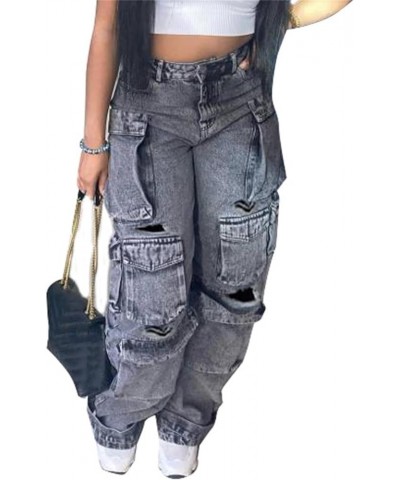 Womens Baggy Jeans Cargo Pants Y2K High Waisted Distressed Street Denim Wide Leg Trousers with Pockets 0 Black $28.79 Jeans