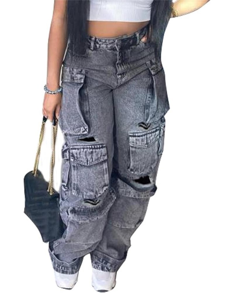 Womens Baggy Jeans Cargo Pants Y2K High Waisted Distressed Street Denim Wide Leg Trousers with Pockets 0 Black $28.79 Jeans