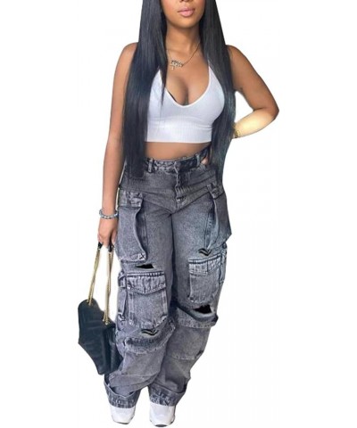 Womens Baggy Jeans Cargo Pants Y2K High Waisted Distressed Street Denim Wide Leg Trousers with Pockets 0 Black $28.79 Jeans