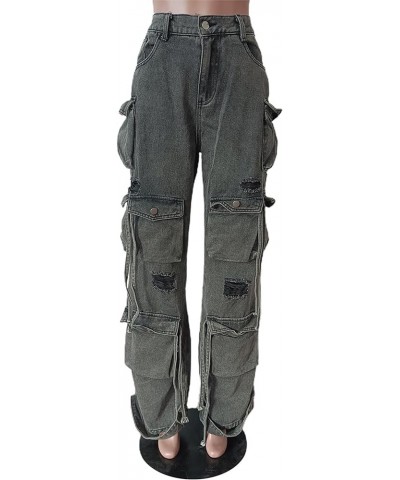 Womens Baggy Jeans Cargo Pants Y2K High Waisted Distressed Street Denim Wide Leg Trousers with Pockets 0 Black $28.79 Jeans