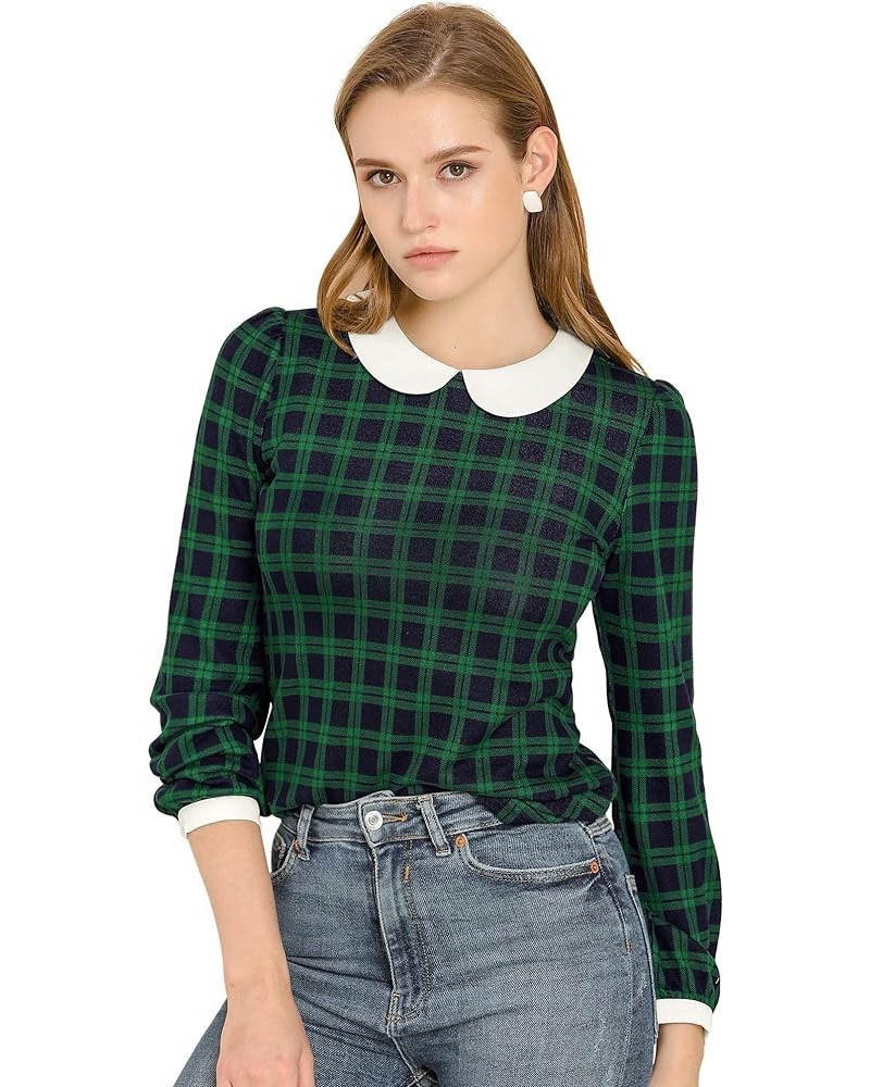 Women's Peter Pan Collar Contrast Puff Sleeve Christmas Xmas Party Shirt Blouse Green $16.63 Blouses