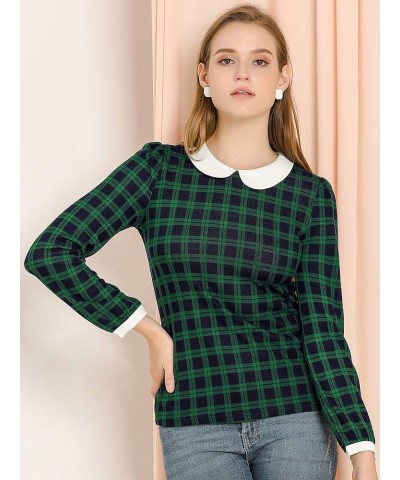 Women's Peter Pan Collar Contrast Puff Sleeve Christmas Xmas Party Shirt Blouse Green $16.63 Blouses