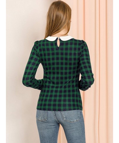 Women's Peter Pan Collar Contrast Puff Sleeve Christmas Xmas Party Shirt Blouse Green $16.63 Blouses