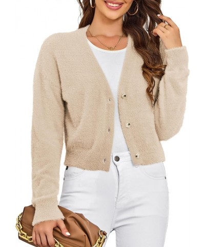 Womens Sweaters Fuzzy Drop Shoulder Buttons Cropped Cardigan for Women Khaki $10.75 Sweaters