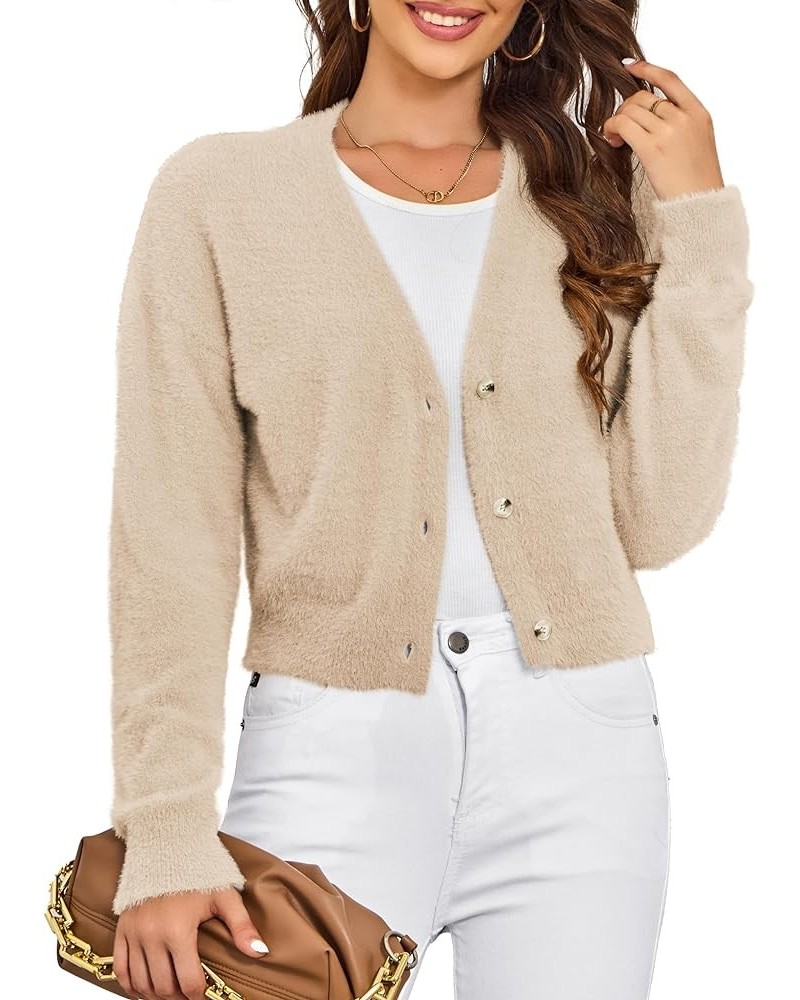 Womens Sweaters Fuzzy Drop Shoulder Buttons Cropped Cardigan for Women Khaki $10.75 Sweaters