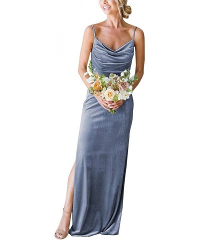 Women's Long Velvet Bridesmaid Dresses Cowl Neck Fitted Modern Formal Wedding Guest Party Dress with Slit MA21 Dusty Blue $22...