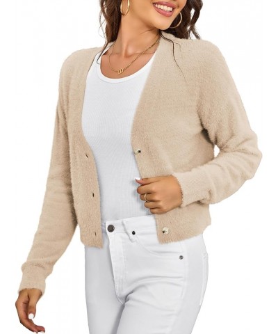 Womens Sweaters Fuzzy Drop Shoulder Buttons Cropped Cardigan for Women Khaki $10.75 Sweaters