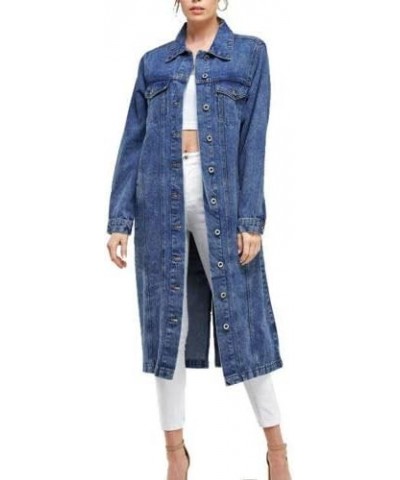 Women's Long Casual Maxi Length Denim Cotton Coat Oversize Button Up Jean Jacket Dark Blue $20.23 Jackets