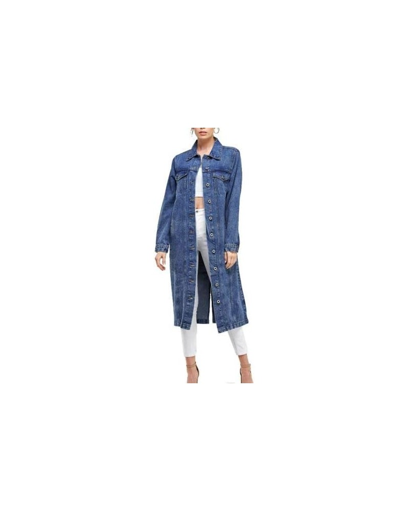 Women's Long Casual Maxi Length Denim Cotton Coat Oversize Button Up Jean Jacket Dark Blue $20.23 Jackets