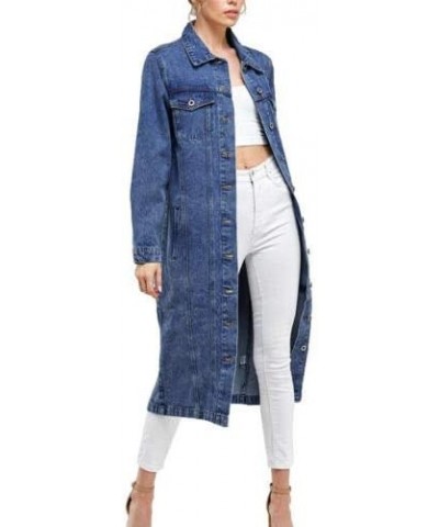 Women's Long Casual Maxi Length Denim Cotton Coat Oversize Button Up Jean Jacket Dark Blue $20.23 Jackets