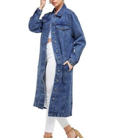 Women's Long Casual Maxi Length Denim Cotton Coat Oversize Button Up Jean Jacket Dark Blue $20.23 Jackets