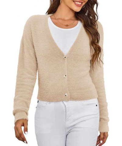 Womens Sweaters Fuzzy Drop Shoulder Buttons Cropped Cardigan for Women Khaki $10.75 Sweaters