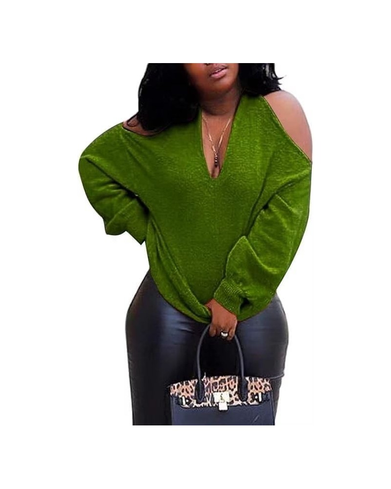 Women's Long Sleeve Skeleton Knit Pullover Multi Direction Sexy Backless Collarless Cold Shoulder Sweater Green $16.10 Sweaters