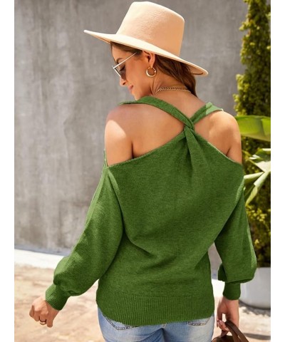 Women's Long Sleeve Skeleton Knit Pullover Multi Direction Sexy Backless Collarless Cold Shoulder Sweater Green $16.10 Sweaters