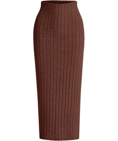 Women's High Waist Rib Knit Pencil Midi Skirt Skinny Casual Long Skirts Plain Chocolate Brown $13.24 Skirts