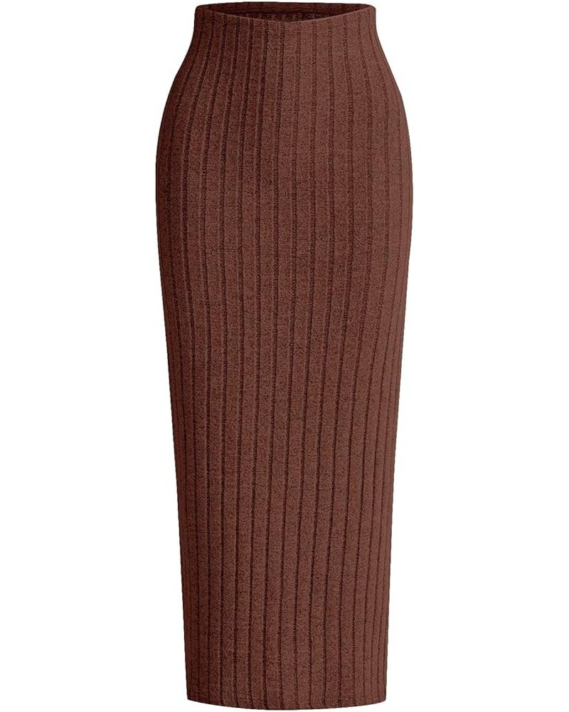 Women's High Waist Rib Knit Pencil Midi Skirt Skinny Casual Long Skirts Plain Chocolate Brown $13.24 Skirts