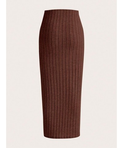 Women's High Waist Rib Knit Pencil Midi Skirt Skinny Casual Long Skirts Plain Chocolate Brown $13.24 Skirts