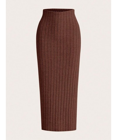 Women's High Waist Rib Knit Pencil Midi Skirt Skinny Casual Long Skirts Plain Chocolate Brown $13.24 Skirts