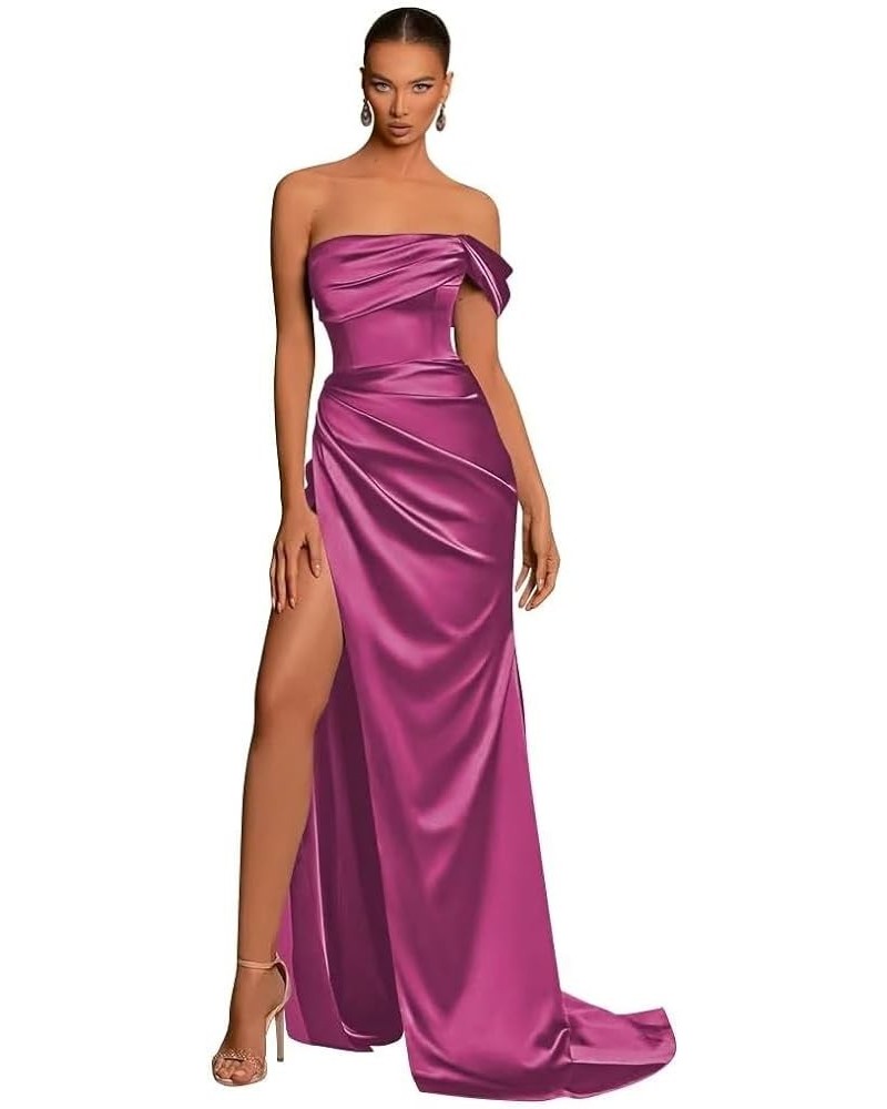 Off The Shoulder Satin Prom Dresses Mermaid Long with Slit Bridesmaid Dresses Women’s Formal Evening Gowns Fuchsia $24.20 Dre...