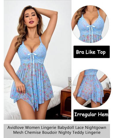 Women Lingerie Babydoll Lace Nightgown Mesh Chemise Boudoir Nighty Teddy Lingerie Blue Small Floral $9.17 Lingerie