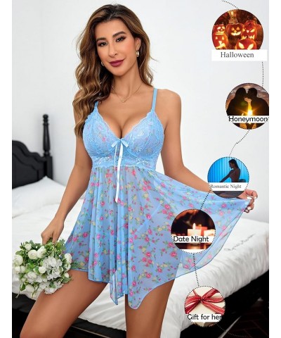 Women Lingerie Babydoll Lace Nightgown Mesh Chemise Boudoir Nighty Teddy Lingerie Blue Small Floral $9.17 Lingerie