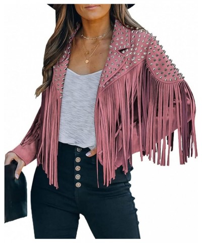 Women's fashionable short style rivet decoration tassel faux fur motorcycle jacket Pink $36.00 Coats