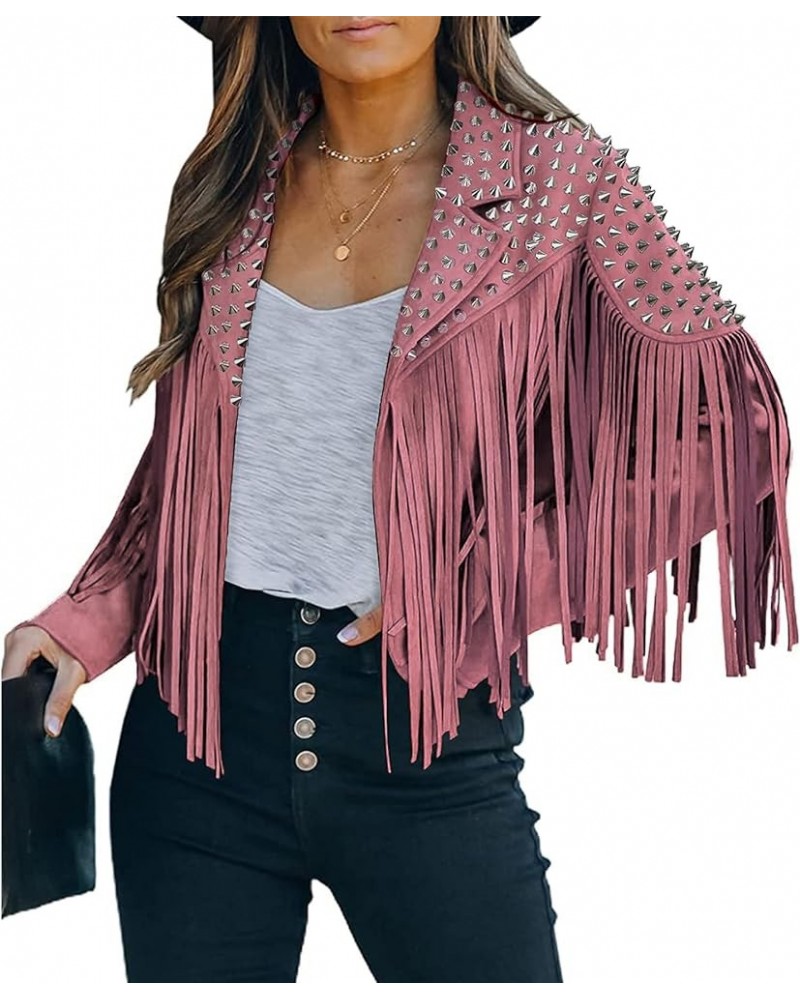 Women's fashionable short style rivet decoration tassel faux fur motorcycle jacket Pink $36.00 Coats