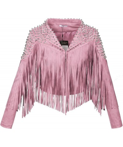 Women's fashionable short style rivet decoration tassel faux fur motorcycle jacket Pink $36.00 Coats