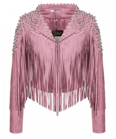 Women's fashionable short style rivet decoration tassel faux fur motorcycle jacket Pink $36.00 Coats