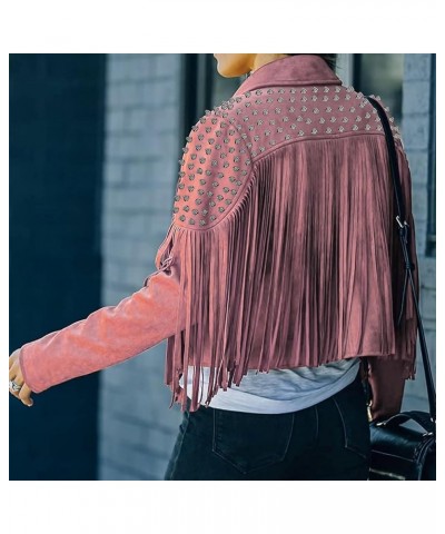 Women's fashionable short style rivet decoration tassel faux fur motorcycle jacket Pink $36.00 Coats