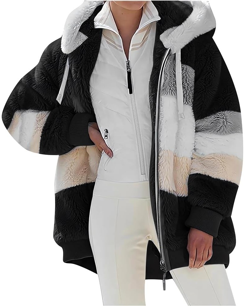 2024 New Rcontrasting Lamb Wool Padded Coat Sherpa Hoodie Lined Jacket Women Faux Fur Shearling Fleece Zip Shacket Black $11....