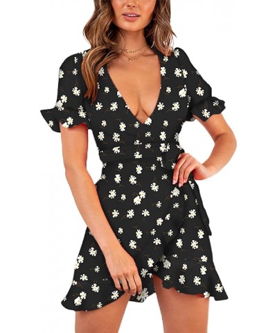 Women's Dresses Floral Print Deep V Neck Short Sleeve Wrap Tie Waist Ruffle Short Casual Summer Dress T1 $18.19 Dresses