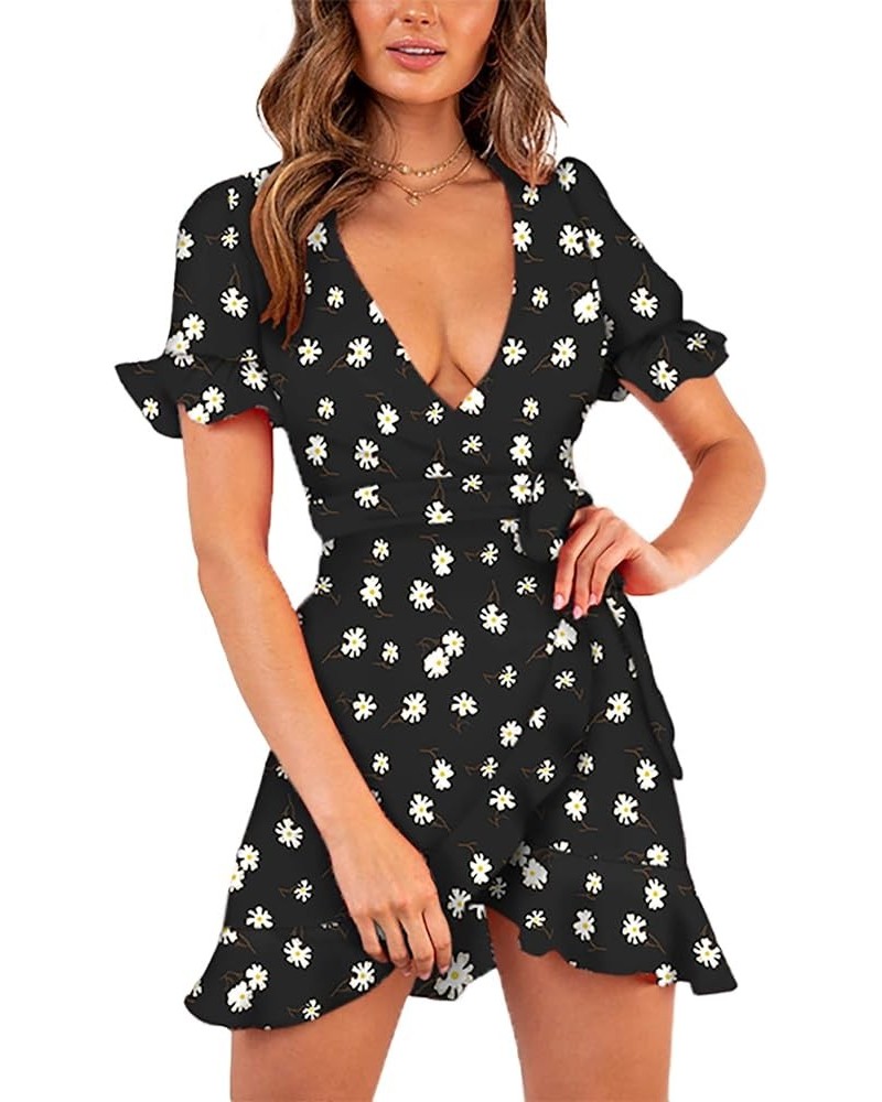 Women's Dresses Floral Print Deep V Neck Short Sleeve Wrap Tie Waist Ruffle Short Casual Summer Dress T1 $18.19 Dresses