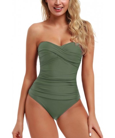 Women's Bandeau One Piece Swimsuits Front Twist Swimwear Strapless Ruched Bathing Suits Tummy Control Army Green $8.84 Swimsuits