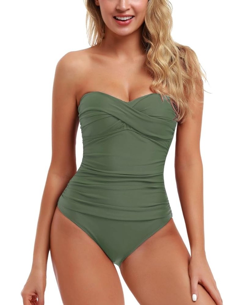 Women's Bandeau One Piece Swimsuits Front Twist Swimwear Strapless Ruched Bathing Suits Tummy Control Army Green $8.84 Swimsuits