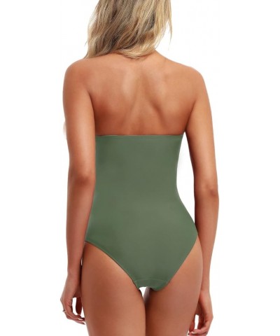 Women's Bandeau One Piece Swimsuits Front Twist Swimwear Strapless Ruched Bathing Suits Tummy Control Army Green $8.84 Swimsuits