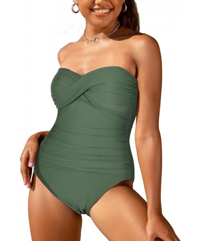 Women's Bandeau One Piece Swimsuits Front Twist Swimwear Strapless Ruched Bathing Suits Tummy Control Army Green $8.84 Swimsuits