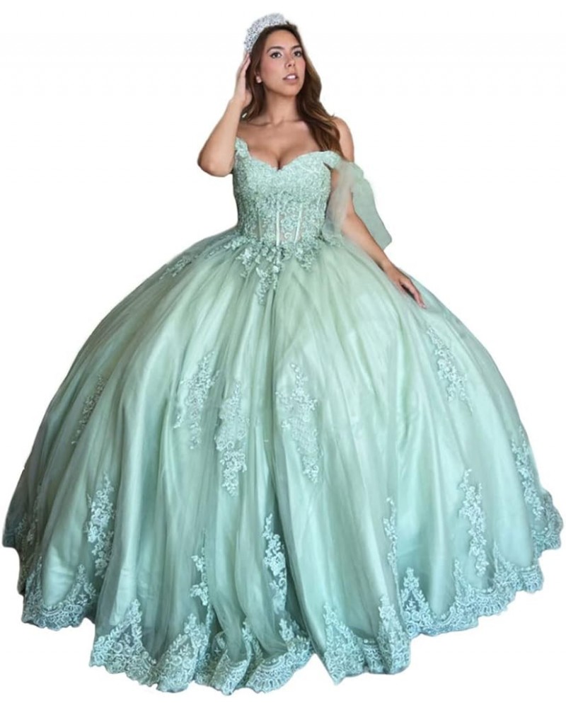 Sweet 16 Quinceanera Dresses Ball Gown Off Shoulder Prom Dresses with Train Puffy Tulle Lace Party Gowns CXL034 Sage Light $5...